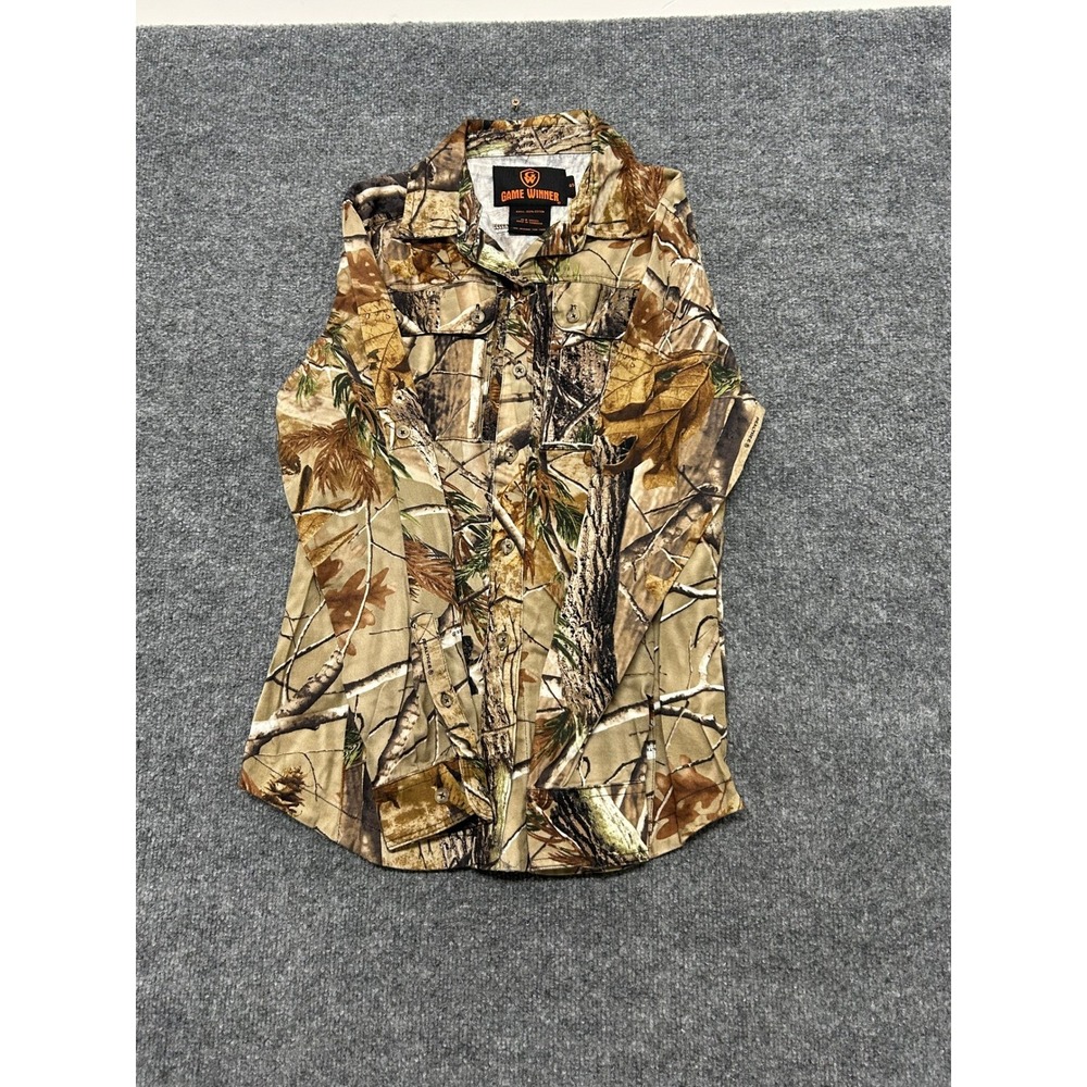 Game Winner Shirt Womens Size S Brown Realtree Camo Cotton Hunting Button Down